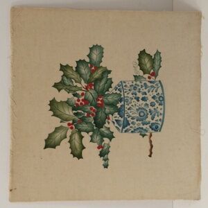 Vintage Theorem Painting on Velvet Red Berry Holly Blue &White Vase 80s Unframed